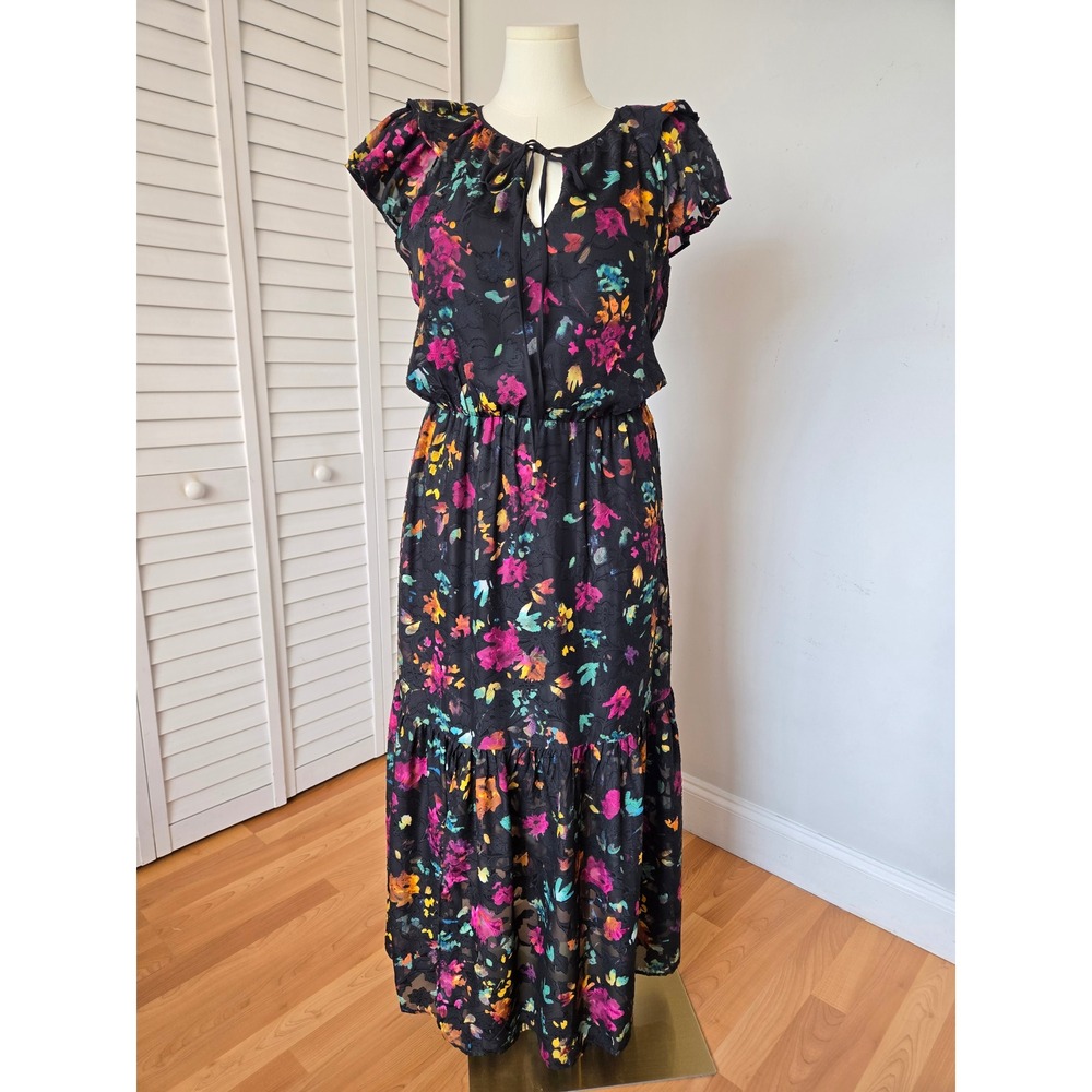 Black Multicolor Floral Ruffle Maxi Dress L Dark Feminine Romantic Whimsigoth
